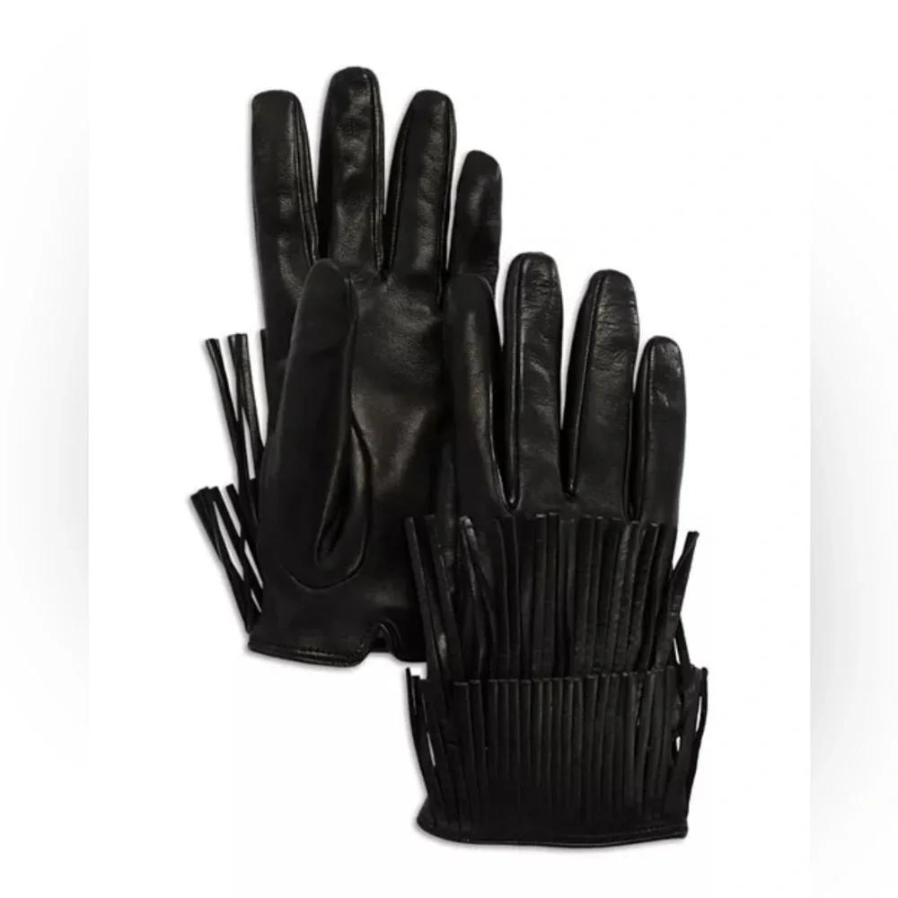 Bloomingdale's Fancy Fringed Leather Gloves in Black, Size 6.5 New w/Tag $158